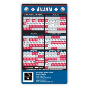 A 4x7-inch custom baseball schedule magnet featuring a team's season game calendar, with a designated 1x3.75-inch promotional advertising space at the bottom or top for a real estate agent's logo, photo, and contact information.