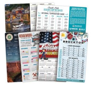 Six examples of custom 4 x 7 promotional magnets featuring calendars, cooking guides, school schedules, and business advertising