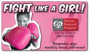 Custom 4 x 7 breast cancer awareness magnet with pink boxing gloves, Fight Like a Girl slogan, and hospital advertising.