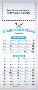 3.5 x 8.5 inch kitchen conversion magnet featuring dry and liquid measurement charts with a large customizable business advertising area at the top.