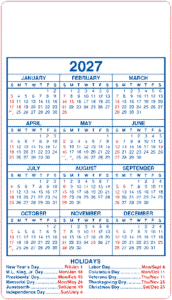Custom 4×7 12-month calendar magnet with red holiday dates and top advertising area for business branding.