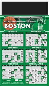 Custom Boston Celtics schedule magnet example used by mortgage brokers for client referrals