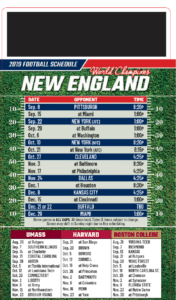 Custom New England Patriots & local college football schedule magnet example used by mortgage brokers