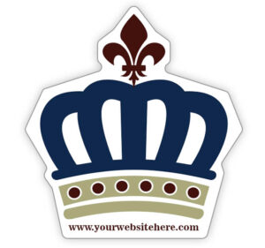 Custom shaped magnet featuring a navy blue royal crown, burgundy fleur-de-lis, gold decorative band, and website address.