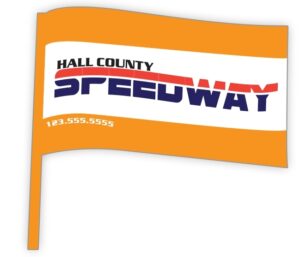 Custom shaped magnet resembling a waving orange flag on a pole, featuring the Hall County Speedway logo and phone number.