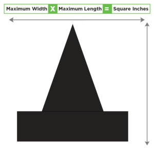 Diagram showing maximum width multiplied by maximum height to calculate square inches for custom shaped magnets.