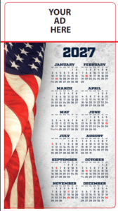 3.5 x 6 inch vertical 12-month calendar magnet featuring patriotic USA-themed artwork and space for custom business advertising.