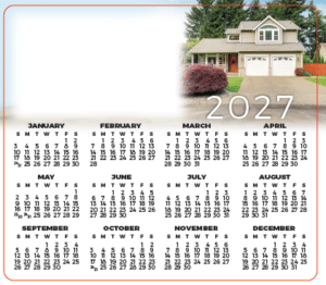 3.5 x 4 inch horizontal yearly calendar magnet designed for Realtor advertising, featuring a 12-month calendar and customizable real estate business information.