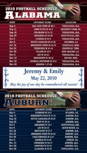 Save-the-date wedding magnet with the 2010 Alabama and Auburn football schedules and a May 22, 2010 wedding date.
